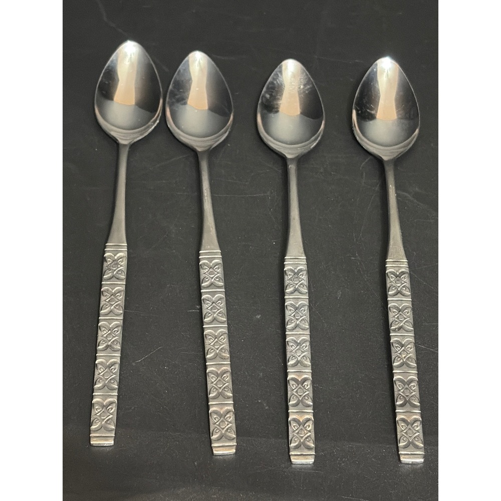 4 Ekco Eterna Montale Iced Tea Long Handle Spoons Stainless Japan Floral MCM VTG
